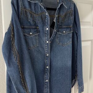 Denim Shirt Jacket with Beaded Fringe - Blue